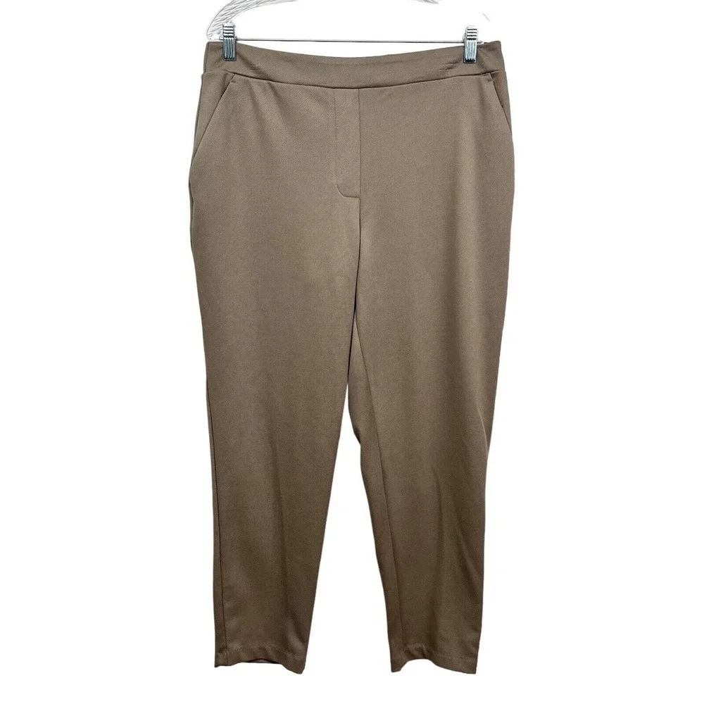 Nine West Womens Crop Pants Relaxed Straight Elastic Waist Flat Pull Up Tan L*